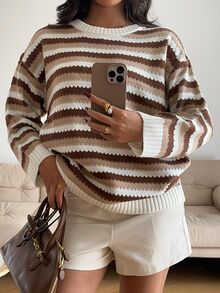 Autumina Women's Fashion Striped Color Block Long Sleeve Sweater Vintage - Khaki - View 3