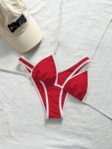 SHEIN Swim 2025 女款休閒運動風方領背心式連身泳衣 - 紅色 - 查看 3