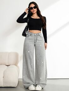 SHEIN Tall بنطلون جينز نسائي واسع الساق فضفاض كاجوال مزين بالراينستون مع جيوب - رمادي - مشاهدة 3