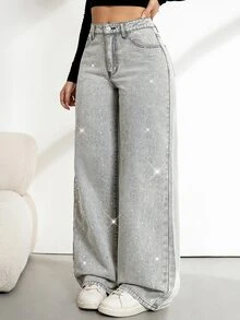 SHEIN Tall بنطلون جينز نسائي واسع الساق فضفاض كاجوال مزين بالراينستون مع جيوب - رمادي - مشاهدة 4