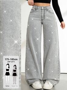SHEIN Tall بنطلون جينز نسائي واسع الساق فضفاض كاجوال مزين بالراينستون مع جيوب - رمادي - مشاهدة 8