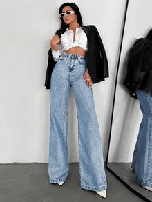 SHEIN بنطلون جينز مقاس كبير بخصر عالي وأسلوب كاجوال بلون أزرق فاتح مع غسيل ثلجي وقصة منتظمة وأزرار أمامية وساق واسعة - أزرق فاتح - مشاهدة 7