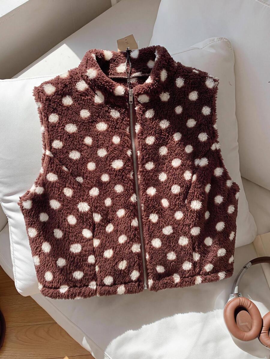 Comfortcana Plus Size Polka Dot Fuzzy Sleeveless Vest Jacket - Brown - View 1