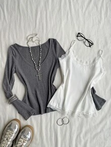 Attitoon Casual Minimalist Style Faux Dark Gray Cotton Ribbed Contrast Color White 2 In 1 V-Neck Long Sleeve Women's T-Shirt With White Lace Camisole, Suitable For Autumn/Winter - Multicolor - View 3