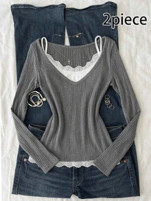 Attitoon Casual Minimalist Style Faux Dark Gray Cotton Ribbed Contrast Color White 2 In 1 V-Neck Long Sleeve Women's T-Shirt With White Lace Camisole, Suitable For Autumn/Winter - Multicolor - View 2
