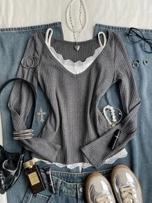 Attitoon Casual Minimalist Style Faux Dark Gray Cotton Ribbed Contrast Color White 2 In 1 V-Neck Long Sleeve Women's T-Shirt With White Lace Camisole, Suitable For Autumn/Winter - Multicolor - View 8