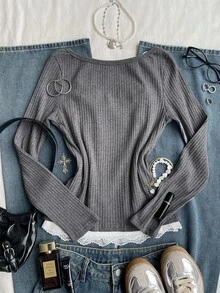 Attitoon Casual Minimalist Style Faux Dark Gray Cotton Ribbed Contrast Color White 2 In 1 V-Neck Long Sleeve Women's T-Shirt With White Lace Camisole, Suitable For Autumn/Winter - Multicolor - View 9