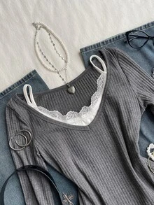 Attitoon Casual Minimalist Style Faux Dark Gray Cotton Ribbed Contrast Color White 2 In 1 V-Neck Long Sleeve Women's T-Shirt With White Lace Camisole, Suitable For Autumn/Winter - Multicolor - View 6