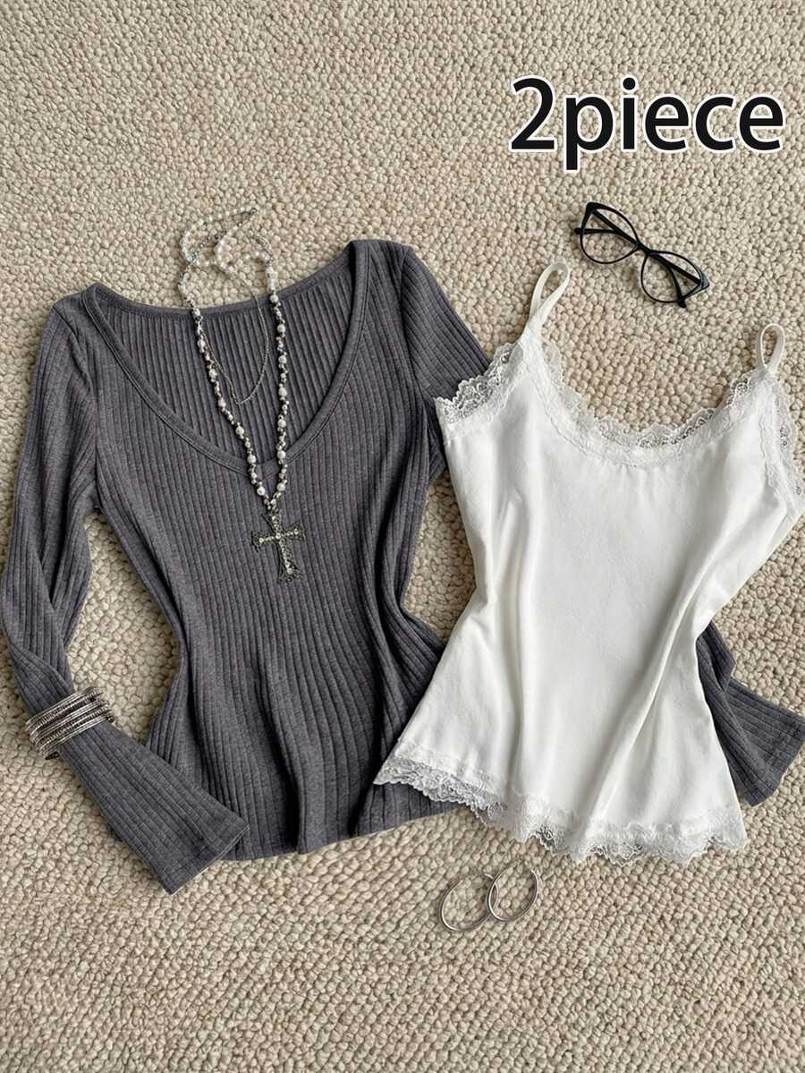Attitoon Casual Minimalist Style Faux Dark Gray Cotton Ribbed Contrast Color White 2 In 1 V-Neck Long Sleeve Women's T-Shirt With White Lace Camisole, Suitable For Autumn/Winter - Multicolor - View 1