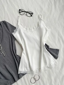 Attitoon Casual Minimalist Style Faux Dark Gray Cotton Ribbed Contrast Color White 2 In 1 V-Neck Long Sleeve Women's T-Shirt With White Lace Camisole, Suitable For Autumn/Winter - Multicolor - View 5