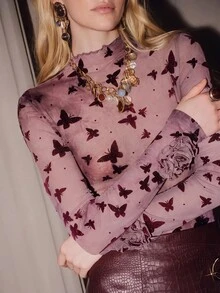 Anewsta Spring/Summer Y2K Light Purple Butterfly Flocked Mesh Top Women's Frill Trim Long Sleeve Elastic Slim Fit Slightly Sheer Base Layer With Cuff Ruffle And 3D Rose Flower Sexy Layering Cover Up - Purple - View 2