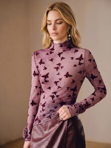 Anewsta Spring/Summer Y2K Light Purple Butterfly Flocked Mesh Top Women's Frill Trim Long Sleeve Elastic Slim Fit Slightly Sheer Base Layer With Cuff Ruffle And 3D Rose Flower Sexy Layering Cover Up - Purple - View 6