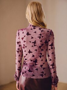 Anewsta Spring/Summer Y2K Light Purple Butterfly Flocked Mesh Top Women's Frill Trim Long Sleeve Elastic Slim Fit Slightly Sheer Base Layer With Cuff Ruffle And 3D Rose Flower Sexy Layering Cover Up - Purple - View 7