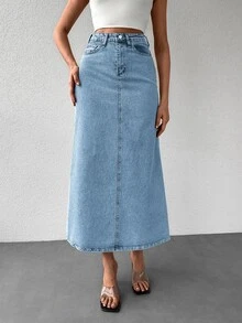 SHEIN Plus High Waist Casual Style Light Blue Wash Regular Fit Button Front Long Denim Skirt - Light Wash - View 1