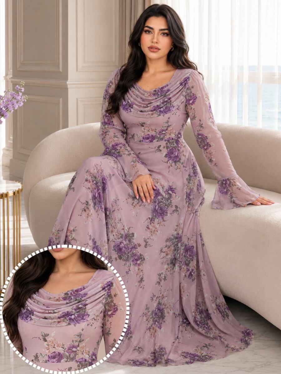 Modelyn 大尺碼優雅星空派對正式晚宴花卉印花洋裝 婚禮淡紫色秋季 - 彩色 - 查看 1