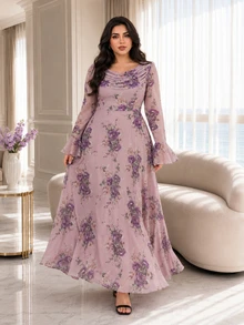 Modelyn 大尺碼優雅星空派對正式晚宴花卉印花洋裝 婚禮淡紫色秋季 - 彩色 - 查看 4