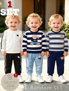 SHEIN 2 Random PCS:Baby Boy Casual Comfortable Striped Cartoon Bear Horse Print Long Sleeve Sweatshirt And Pants Set, Suitable For Autumn / Winter - Multicolor - View 4