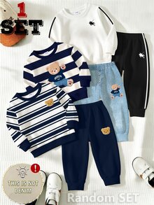 SHEIN 2 Random PCS:Baby Boy Casual Comfortable Striped Cartoon Bear Horse Print Long Sleeve Sweatshirt And Pants Set, Suitable For Autumn / Winter - Multicolor - View 1