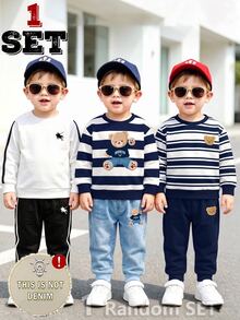 SHEIN 2 Random PCS:Baby Boy Casual Comfortable Striped Cartoon Bear Horse Print Long Sleeve Sweatshirt And Pants Set, Suitable For Autumn / Winter - Multicolor - View 3