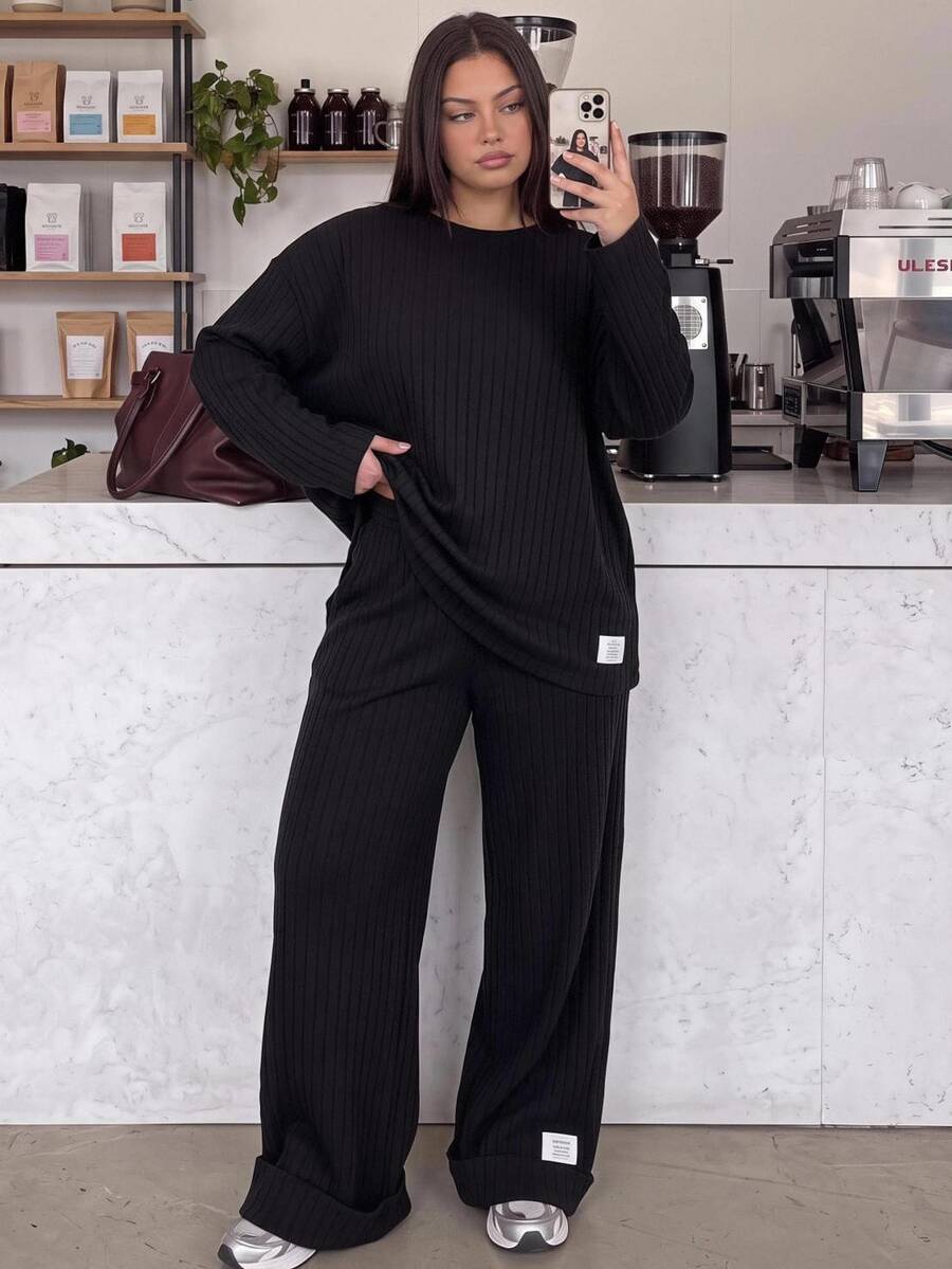 Comfortcana Plus Size Autumn Casual Solid Color Top And Pants 2 Pieces Set Fall - Black - View 1