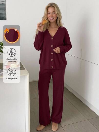 SHEIN Plus Size Women Burgundy Solid Color Casual Drop Shoulder V Neck Long Sleeve Cardigan & Tie Front Long Length Knit Pants