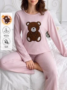 SHEIN Cottnline 2pcs Cute Bear Bow Print Long Sleeve Pajama Set Soft Rib Knit Round Neck Top Full Length Lounge Sleep Pants Pink And Brown Light Autumn Casual Home - Baby Pink - View 4