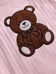 SHEIN Cottnline 2pcs Cute Bear Bow Print Long Sleeve Pajama Set Soft Rib Knit Round Neck Top Full Length Lounge Sleep Pants Pink And Brown Light Autumn Casual Home - Baby Pink - View 7