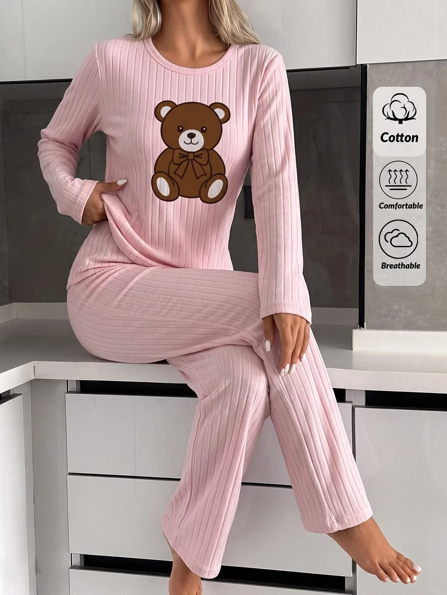 SHEIN Cottnline 2pcs Cute Bear Bow Print Long Sleeve Pajama Set Soft Rib Knit Round Neck Top Full Length Lounge Sleep Pants Pink And Brown Light Autumn Casual Home