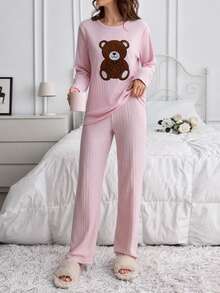 SHEIN Cottnline 2pcs Cute Bear Bow Print Long Sleeve Pajama Set Soft Rib Knit Round Neck Top Full Length Lounge Sleep Pants Pink And Brown Light Autumn Casual Home - Baby Pink - View 8