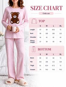 SHEIN Cottnline 2pcs Cute Bear Bow Print Long Sleeve Pajama Set Soft Rib Knit Round Neck Top Full Length Lounge Sleep Pants Pink And Brown Light Autumn Casual Home - Baby Pink - View 5