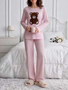 SHEIN Cottnline 2pcs Cute Bear Bow Print Long Sleeve Pajama Set Soft Rib Knit Round Neck Top Full Length Lounge Sleep Pants Pink And Brown Light Autumn Casual Home - Baby Pink - View 9