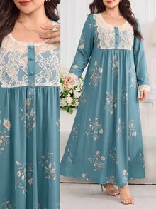 Al Najma Gaun Arab Lengan Panjang Motif Bunga dengan Renda Kontras untuk Wanita Ukuran Besar - MultiWarna - View 3