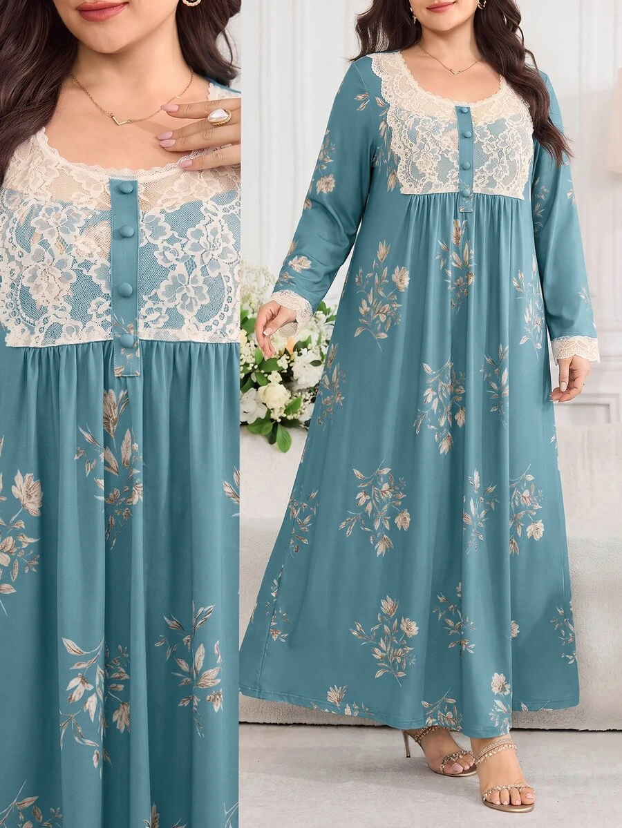 Al Najma Plus Size Women Floral Print Contrast Lace Long Sleeve Arabian Dress - Multicolor - View 1