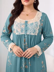 Al Najma Gaun Arab Lengan Panjang Motif Bunga dengan Renda Kontras untuk Wanita Ukuran Besar - MultiWarna - View 9