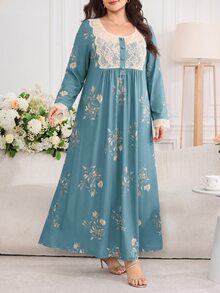 Al Najma Gaun Arab Lengan Panjang Motif Bunga dengan Renda Kontras untuk Wanita Ukuran Besar - MultiWarna - View 8