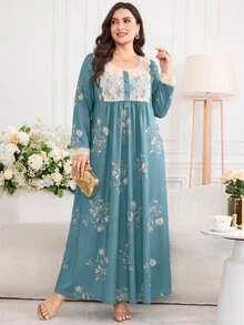 Al Najma Gaun Arab Lengan Panjang Motif Bunga dengan Renda Kontras untuk Wanita Ukuran Besar - MultiWarna - View 7