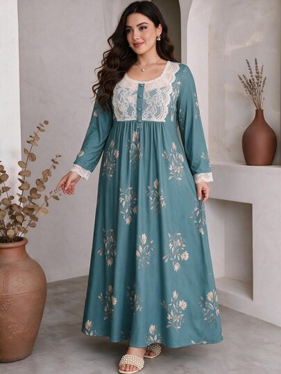 Al Najma Damska sukienka arabiańska plus size z kwiatowym nadrukiem, kontrastową koronką i długim rękawem