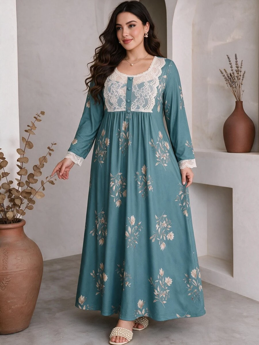 Al Najma Gaun Arab Lengan Panjang Motif Bunga dengan Renda Kontras untuk Wanita Ukuran Besar - MultiWarna - View 1