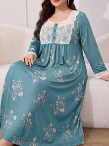 Al Najma Gaun Arab Lengan Panjang Motif Bunga dengan Renda Kontras untuk Wanita Ukuran Besar - MultiWarna - View 4