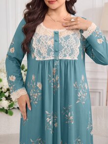 Al Najma Gaun Arab Lengan Panjang Motif Bunga dengan Renda Kontras untuk Wanita Ukuran Besar - MultiWarna - View 5