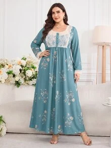 Al Najma Gaun Arab Lengan Panjang Motif Bunga dengan Renda Kontras untuk Wanita Ukuran Besar - MultiWarna - View 6