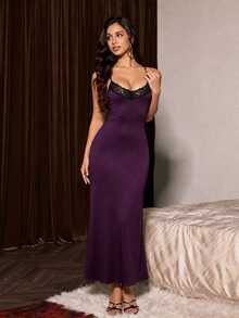 Slumberist Deep V-Neck Lace Contrast Color Backless Cross Strap Mermaid Home Dress - Purple - View 2