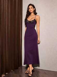 Slumberist Deep V-Neck Lace Contrast Color Backless Cross Strap Mermaid Home Dress - Purple - View 3
