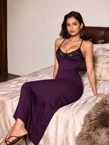 Slumberist Deep V-Neck Lace Contrast Color Backless Cross Strap Mermaid Home Dress - Purple - View 5