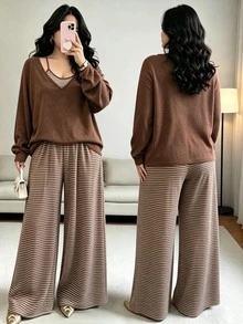 GlowEve CURVE Bộ 3 món cho nữ size lớn gồm áo thun dệt kim trơn, áo hai dây ôm sát kẻ sọc có dây rút trang trí và quần, phong cách thanh lịch thường ngày đi làm và đi chơi - màu nâu - Xem 1