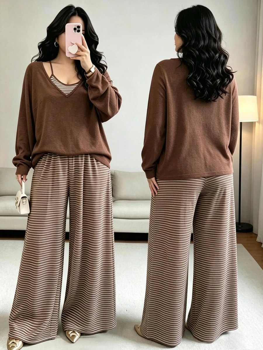 GlowEve CURVE Bộ 3 món cho nữ size lớn gồm áo thun dệt kim trơn, áo hai dây ôm sát kẻ sọc có dây rút trang trí và quần, phong cách thanh lịch thường ngày đi làm và đi chơi - màu nâu - Xem 1