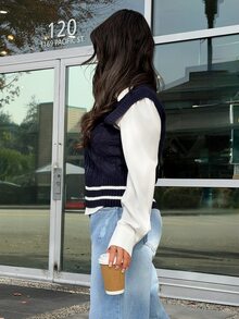 SAYEHFBABY Women Casual Contrast Color Edge Wide Strap Knit Sweater Vest, Autumn - Royal Blue - View 5
