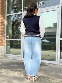 SAYEHFBABY Women Casual Contrast Color Edge Wide Strap Knit Sweater Vest, Autumn - Royal Blue - View 2