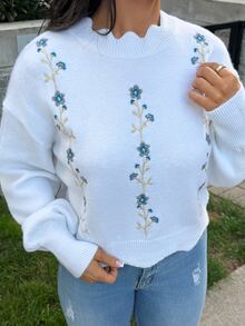 SAYEHFBABY 1pc Loose Fit Floral Embroidered Sweater With Lace Collar, Suitable For Autumn/Winter, Long Sleeve Top Knit Pullover Fall - White - View 6