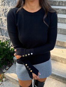 SAYEHFBABY 百搭圆领休闲百搭长袖针织汗衫 - 黑色 - 查看 6